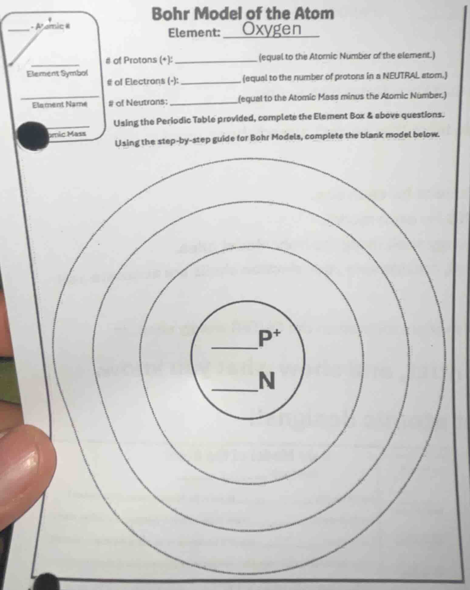 bohr model of the atom element: oxygen # of protons (+): ______________…