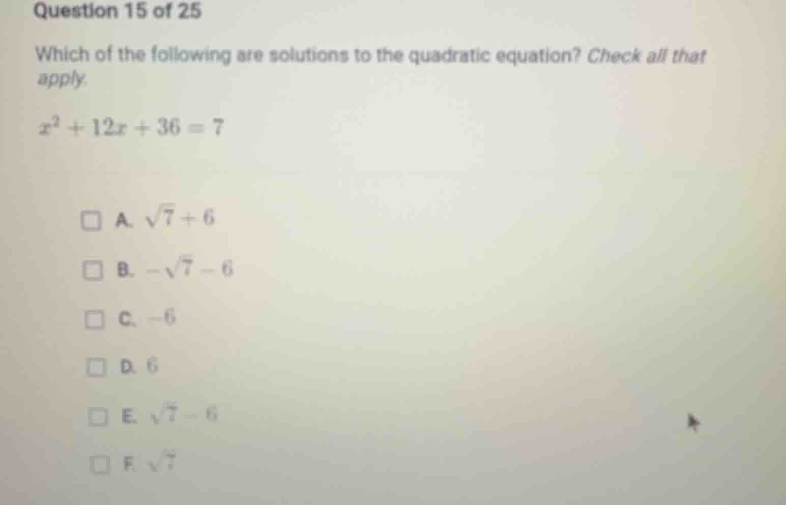 question 15 of 25 which of the following are solutions to the quadratic…