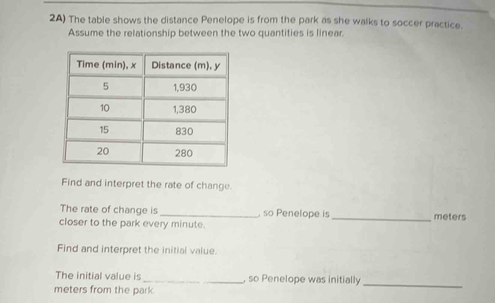 2a) the table shows the distance penelope is from the park as she walks…