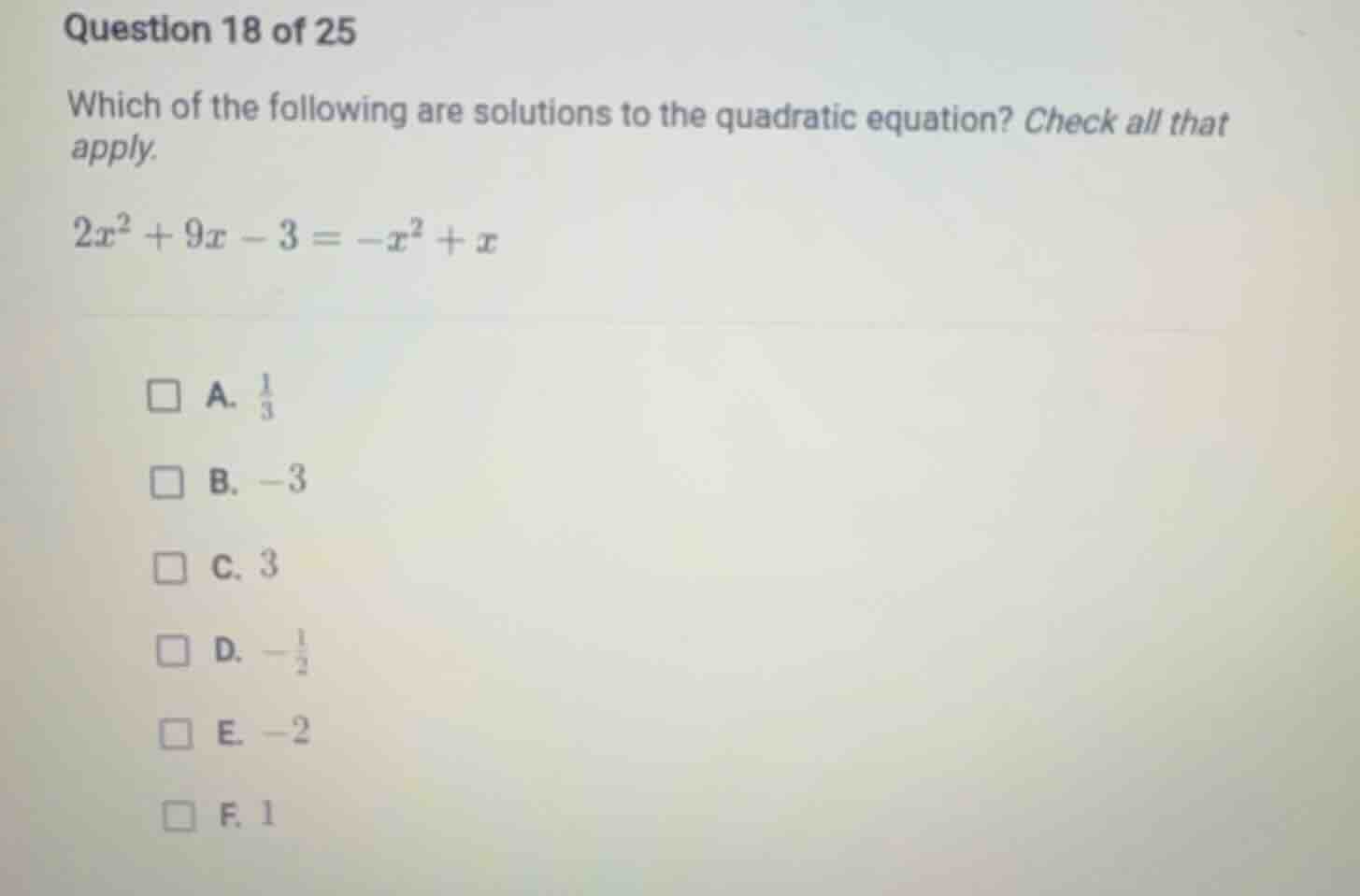 question 18 of 25 which of the following are solutions to the quadratic…