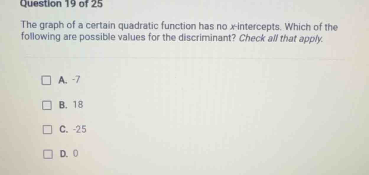 question 19 of 25 the graph of a certain quadratic function has no x-in…