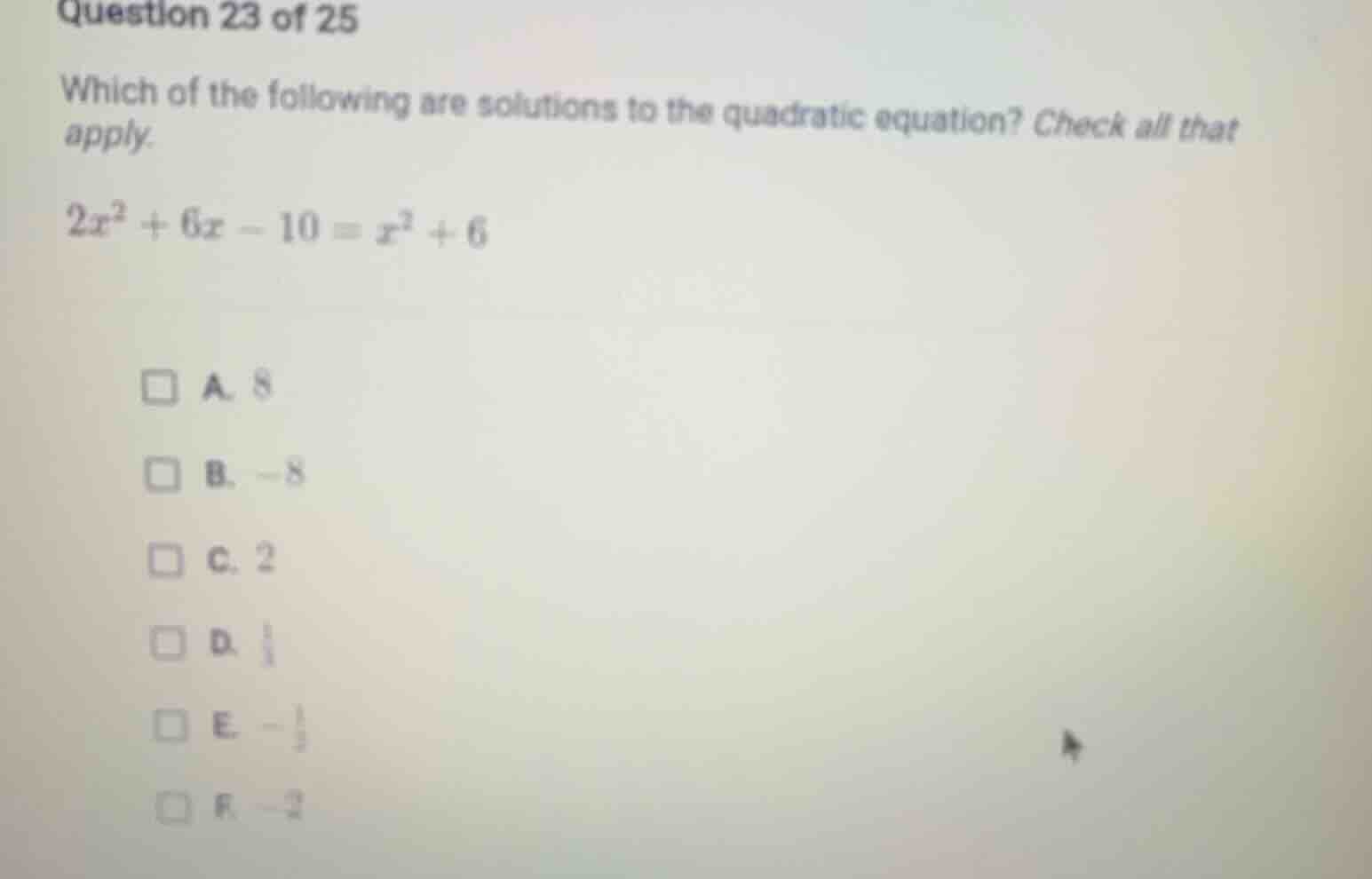 question 23 of 25 which of the following are solutions to the quadratic…