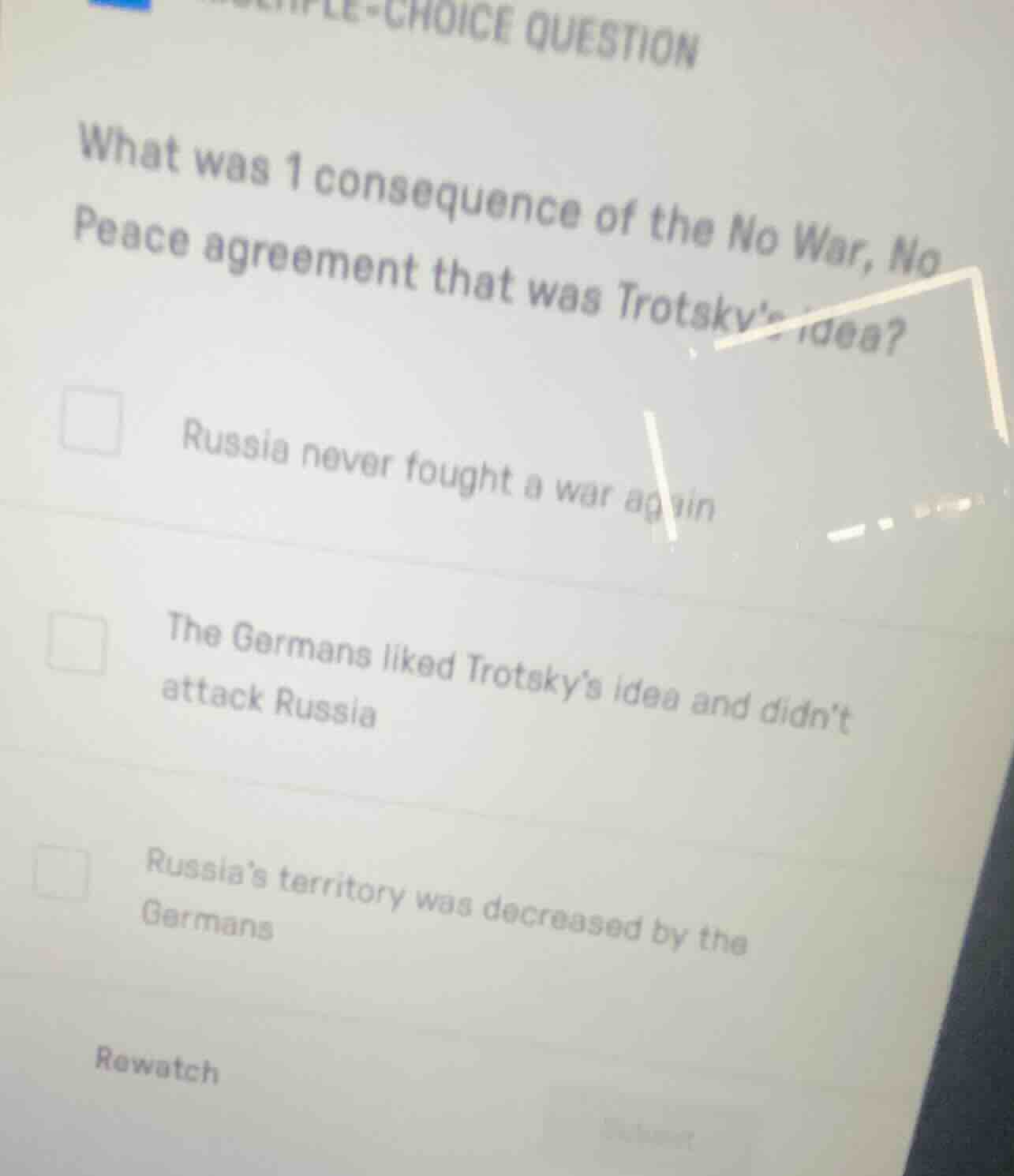 choice question what was 1 consequence of the no war, no peace agreemen…