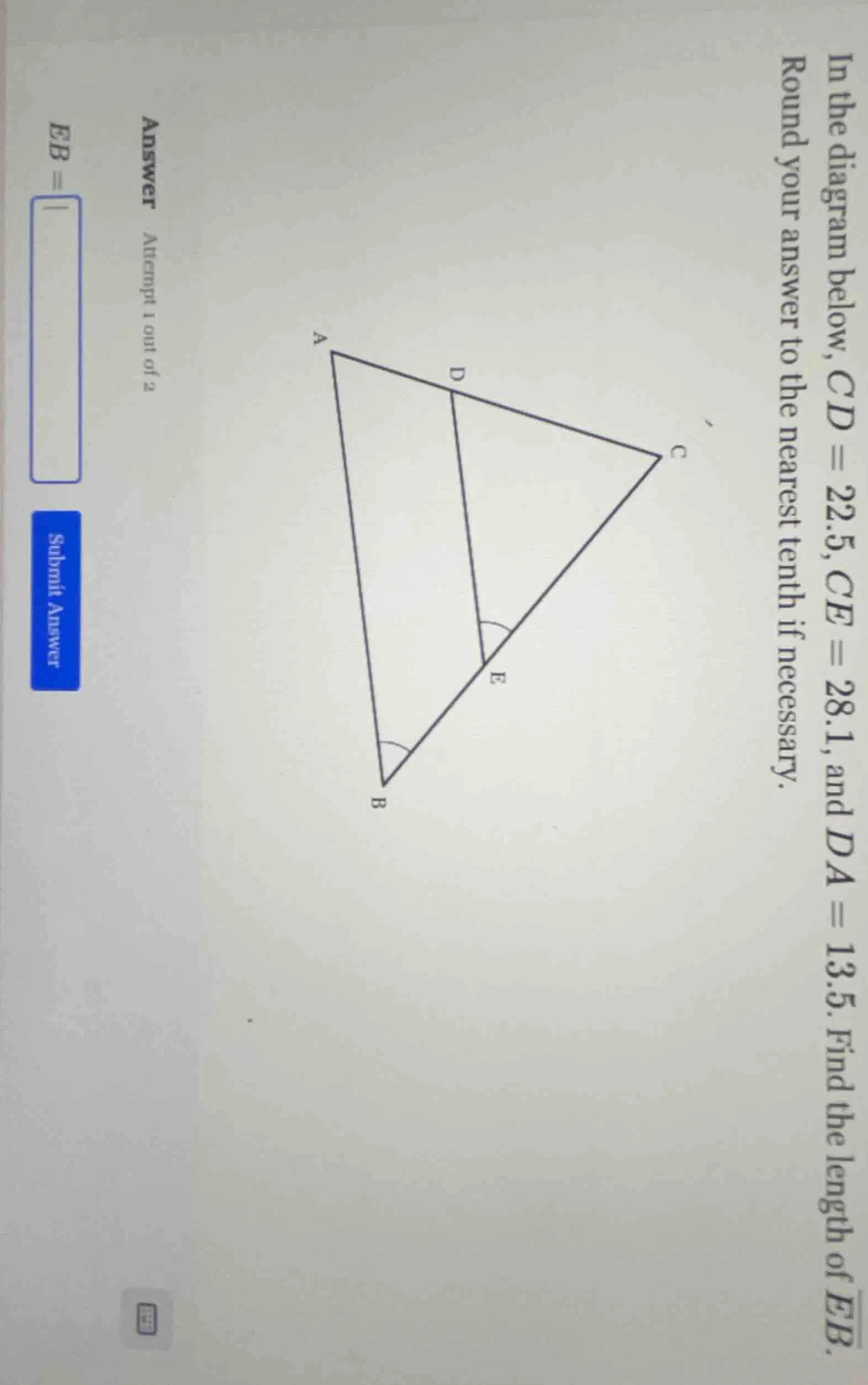 in the diagram below, cd = 22.5, ce = 28.1, and da = 13.5. find the len…