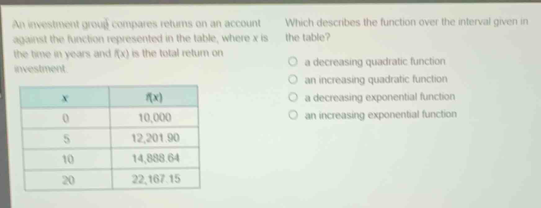an investment group compares returns on an account against the function…