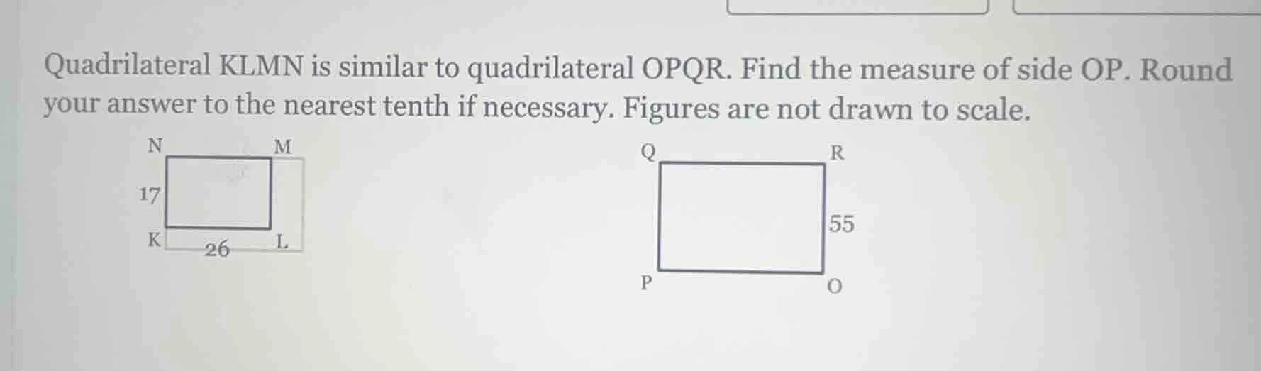 quadrilateral klmn is similar to quadrilateral opqr. find the measure o…
