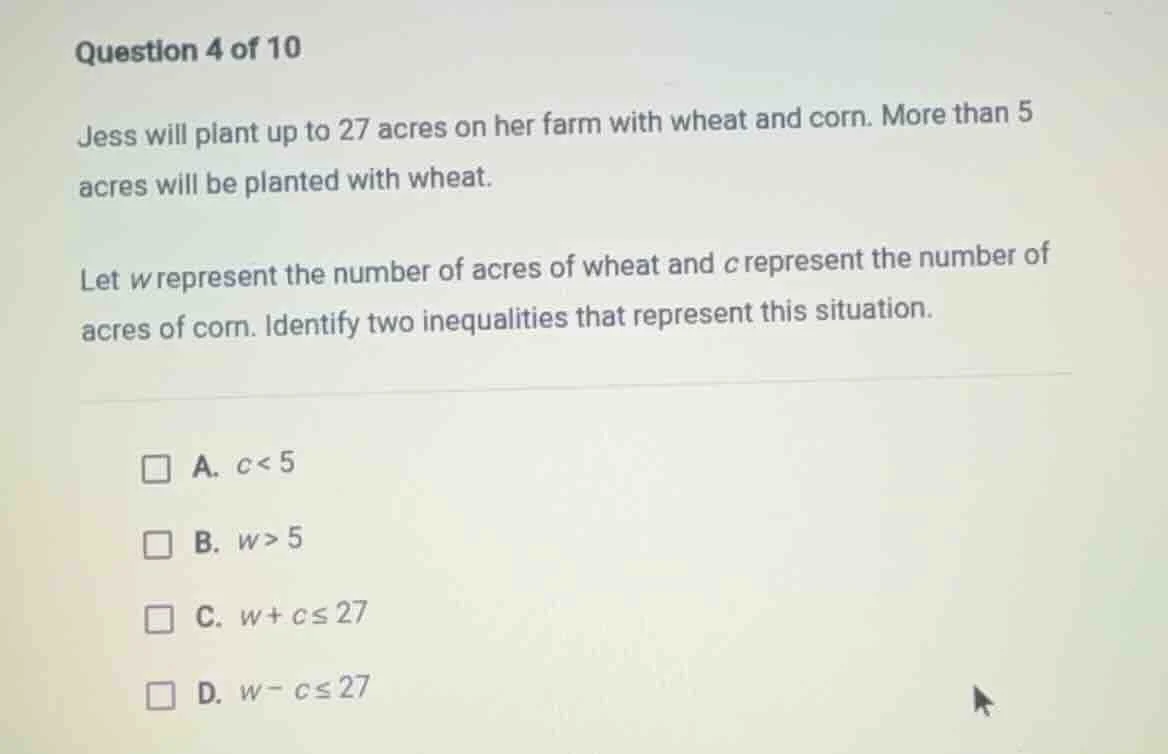 question 4 of 10 jess will plant up to 27 acres on her farm with wheat …