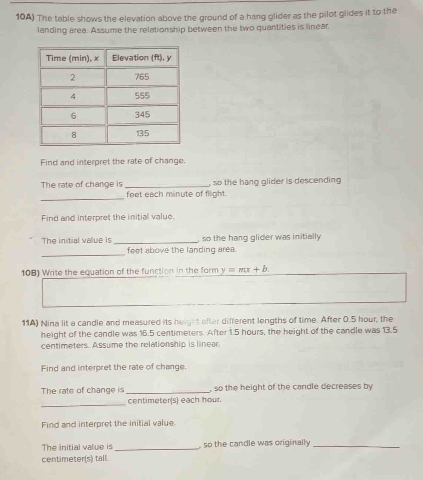 10a) the table shows the elevation above the ground of a hang glider as…