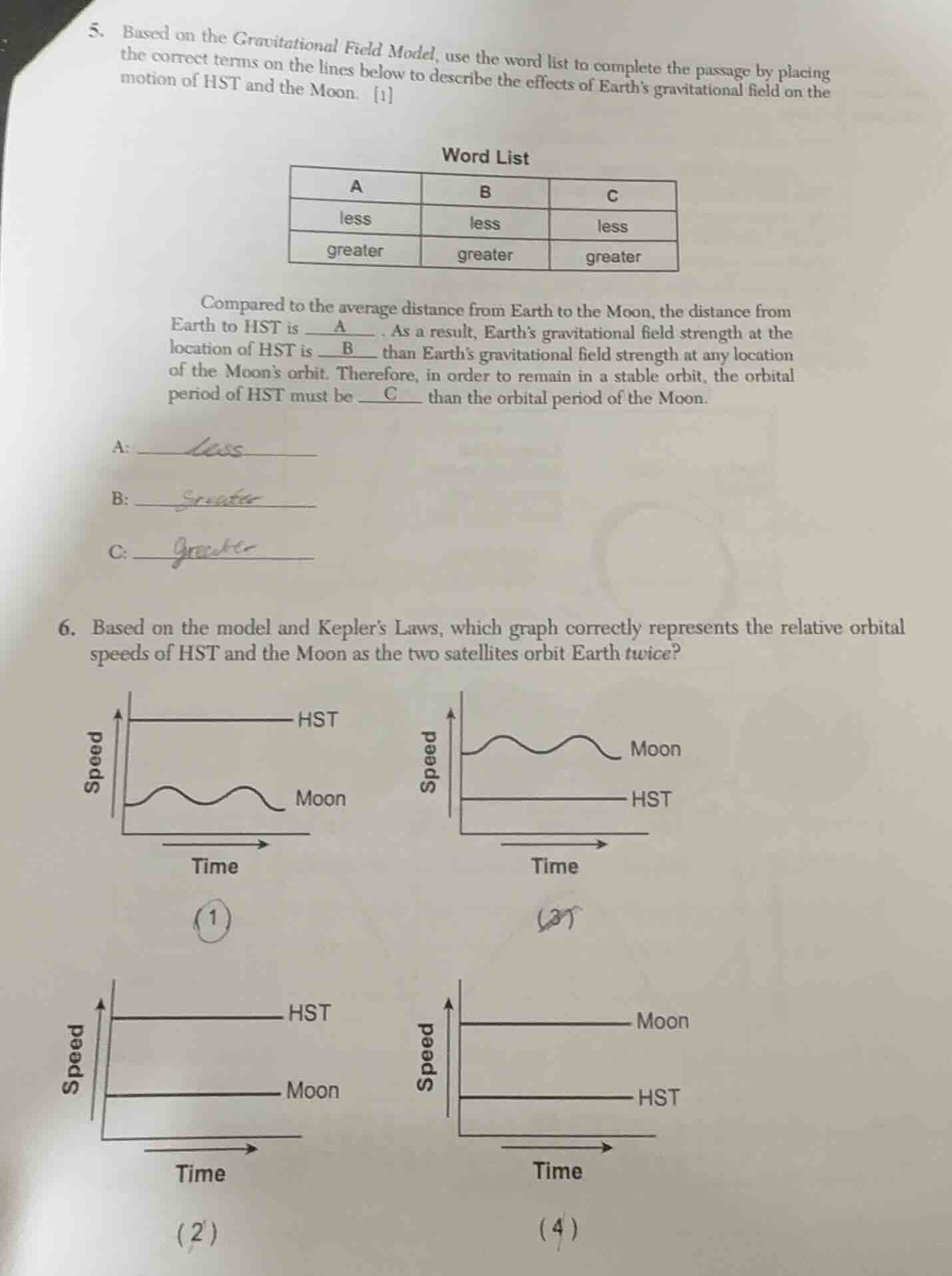 5. based on the gravitational field model, use the word list to complet…