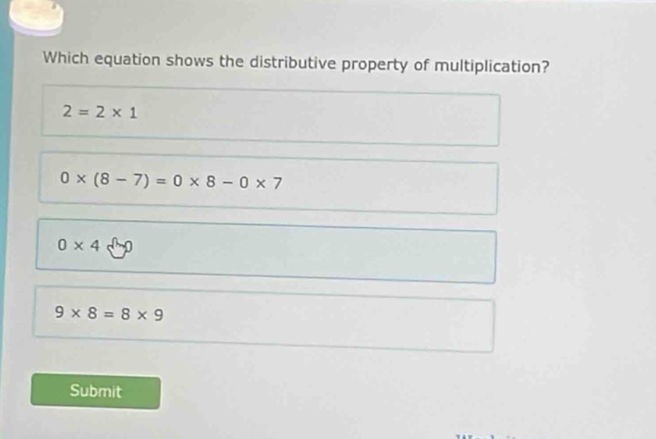 which equation shows the distributive property of multiplication? 2 = 2…
