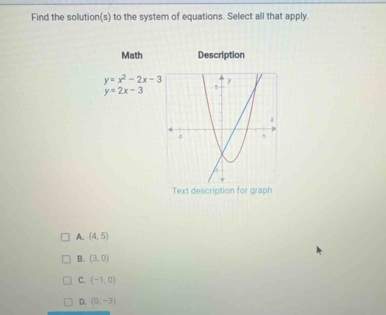 find the solution(s) to the system of equations. select all that apply.…