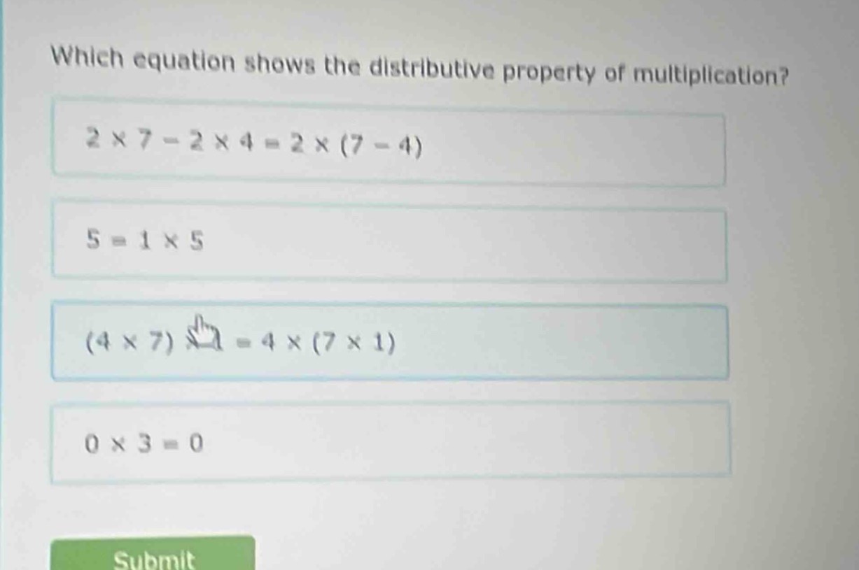 which equation shows the distributive property of multiplication? 2 × 7…