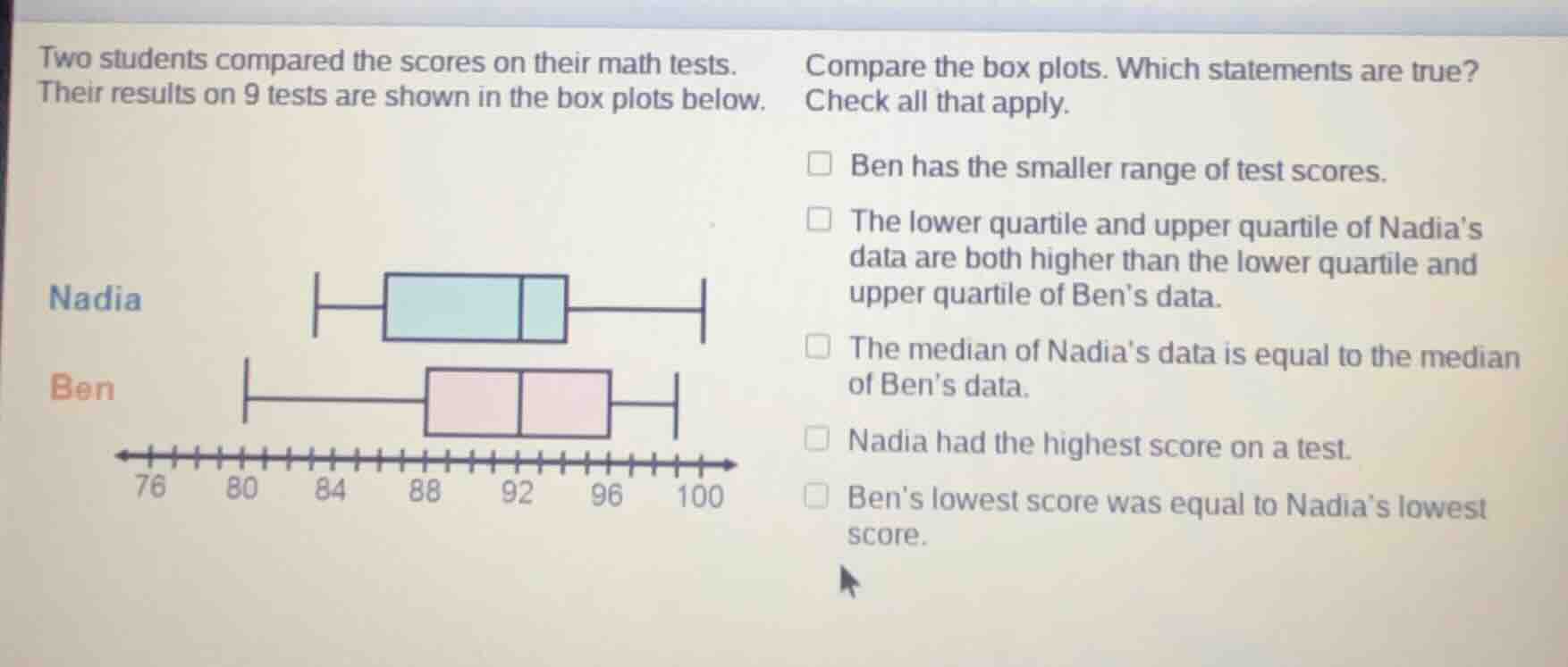 two students compared the scores on their math tests. their results on …
