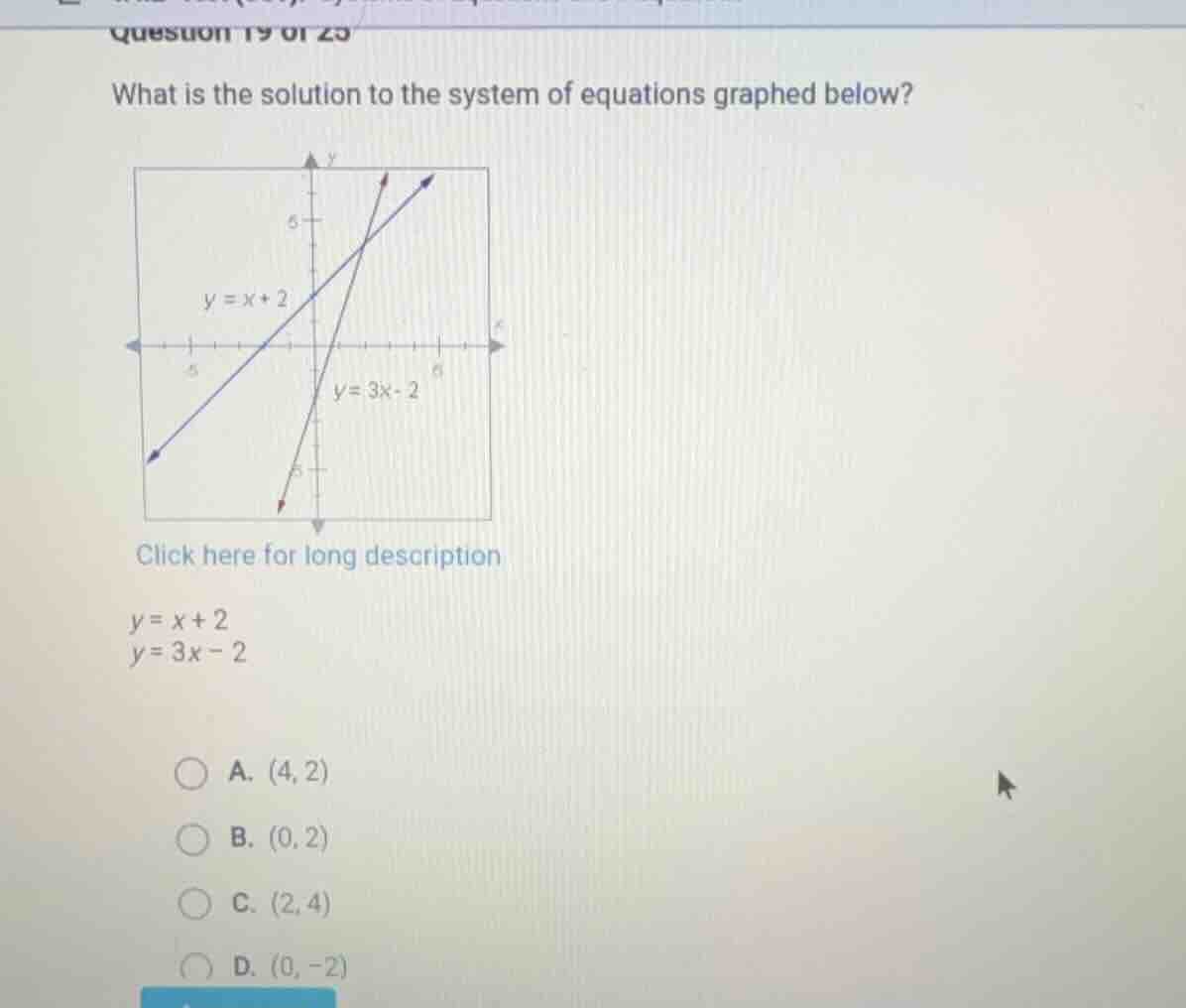 question 19 of 25 what is the solution to the system of equations graph…