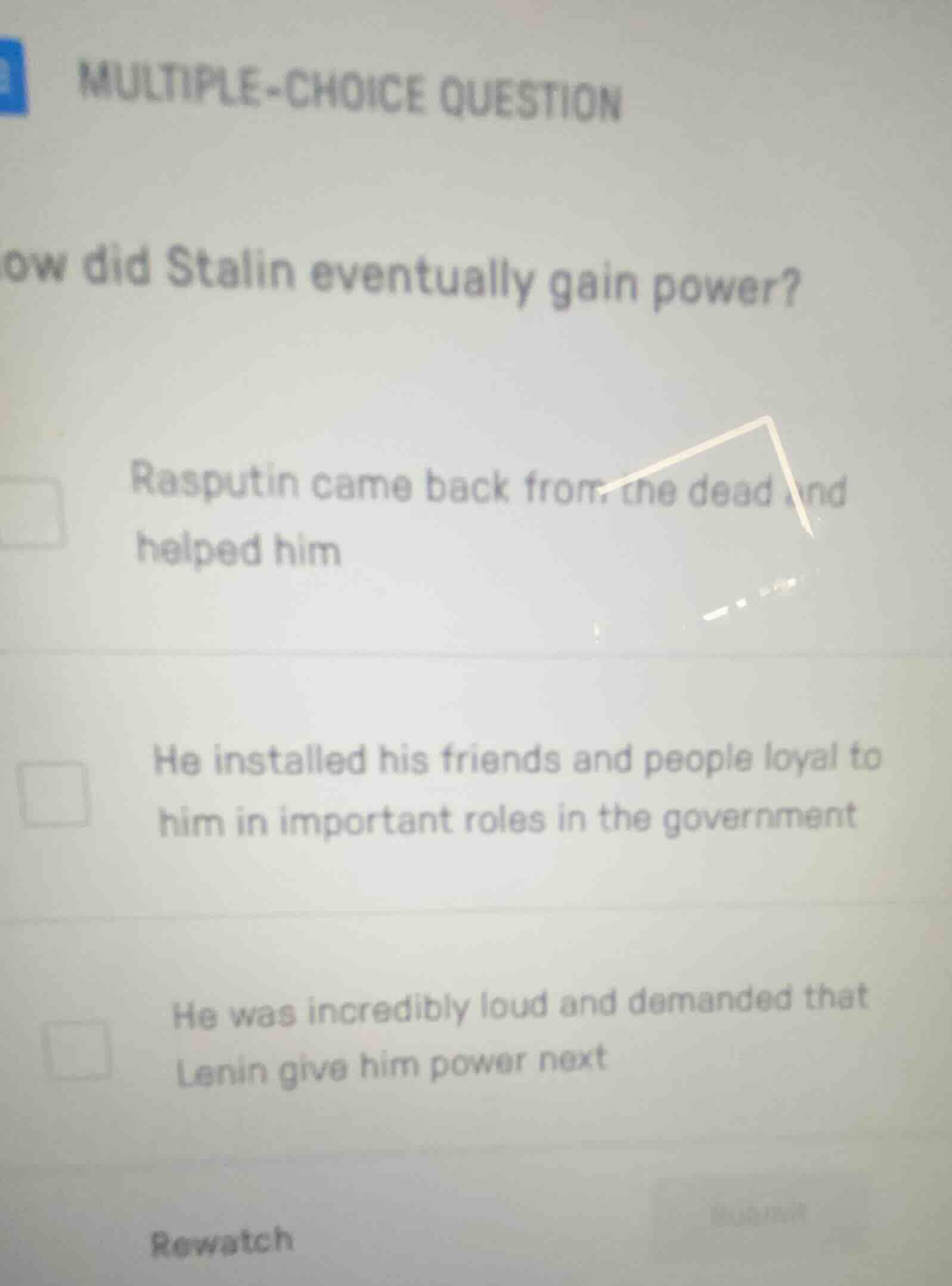 multiple-choice question how did stalin eventually gain power? rasputin…