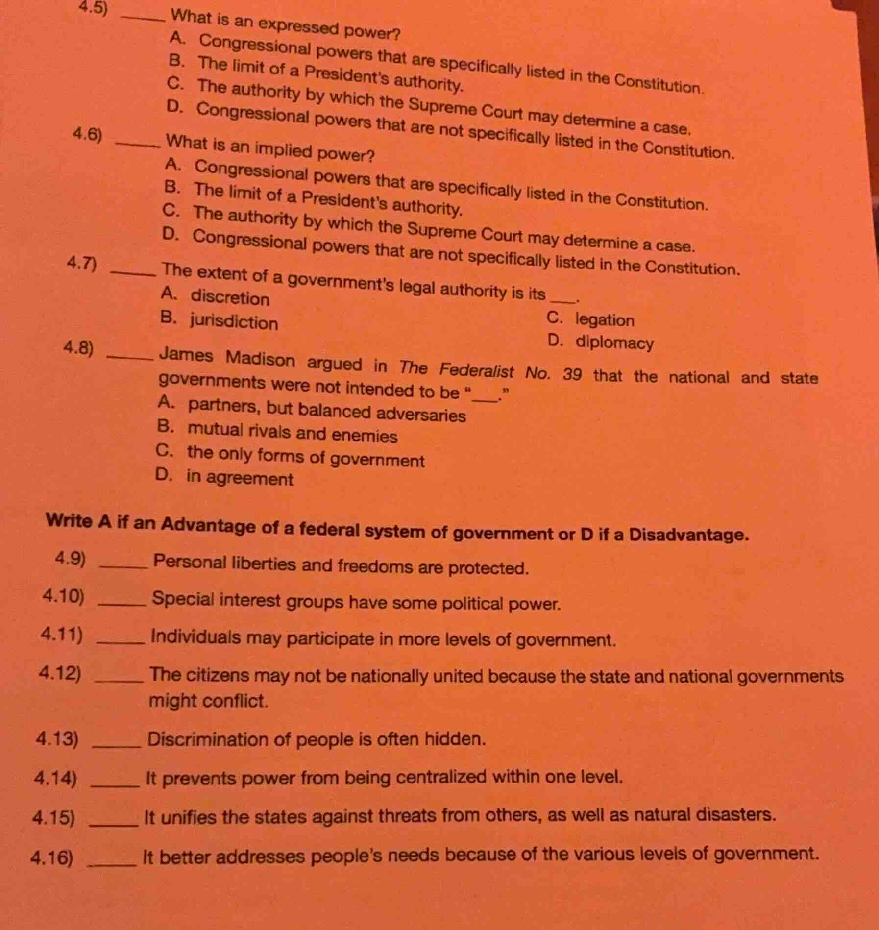 4.5) ____ what is an expressed power? a. congressional powers that are …