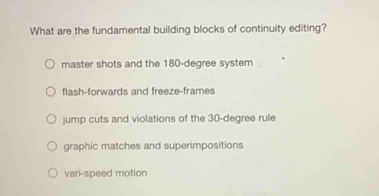 what are the fundamental building blocks of continuity editing? ○ maste…