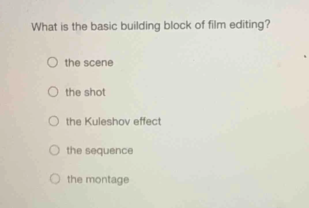 what is the basic building block of film editing? ○ the scene ○ the sho…