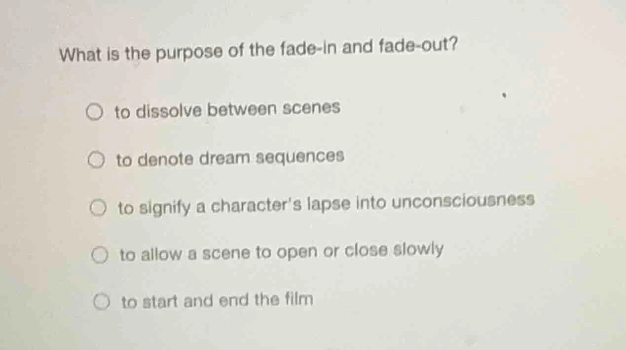 what is the purpose of the fade-in and fade-out? ○ to dissolve between …