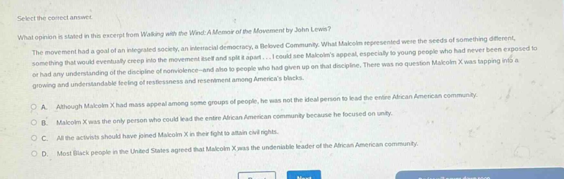 select the correct answer. what opinion is stated in this excerpt from …