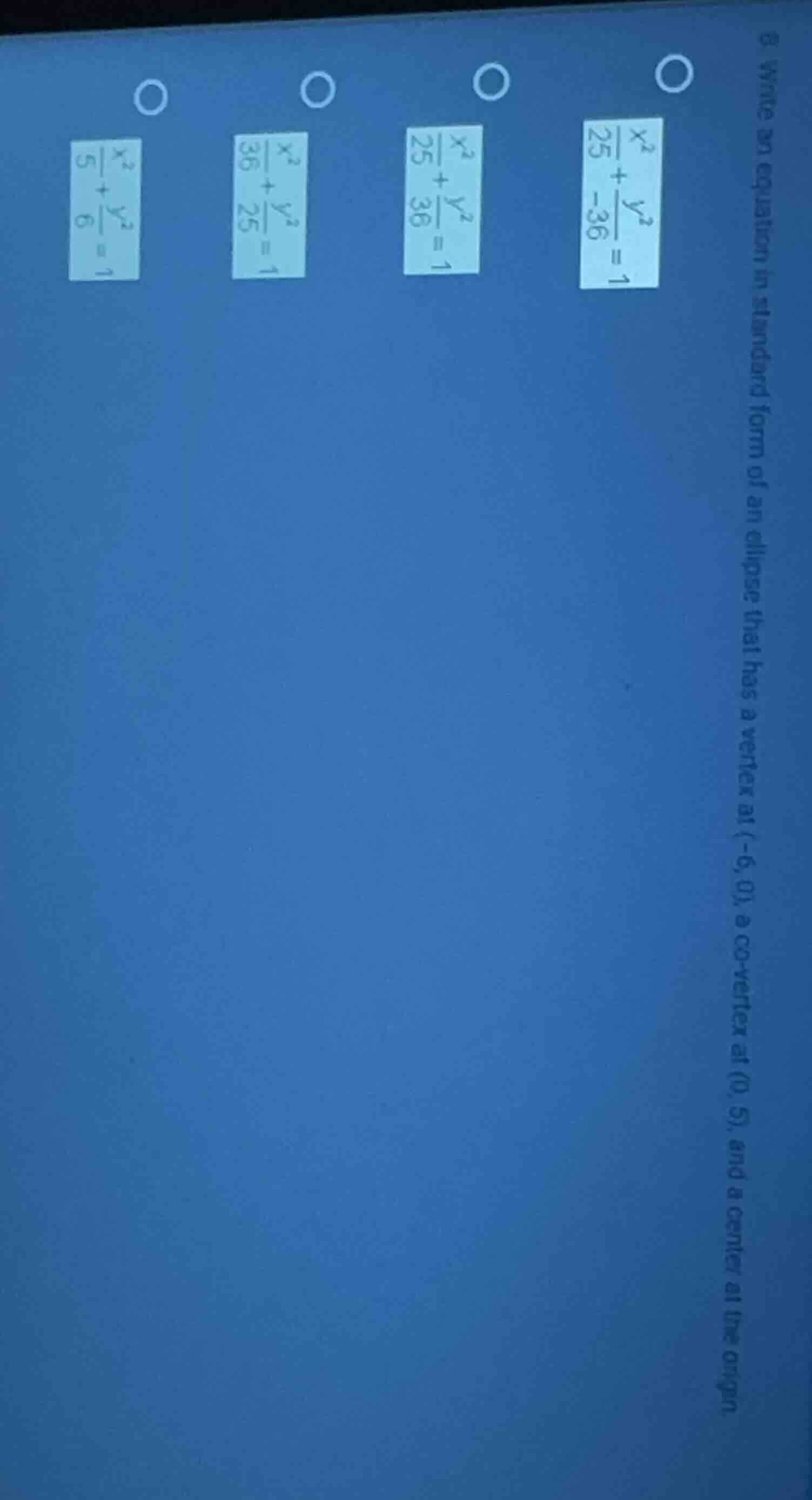 9 write an equation in standard form of an ellipse that has a vertex at…