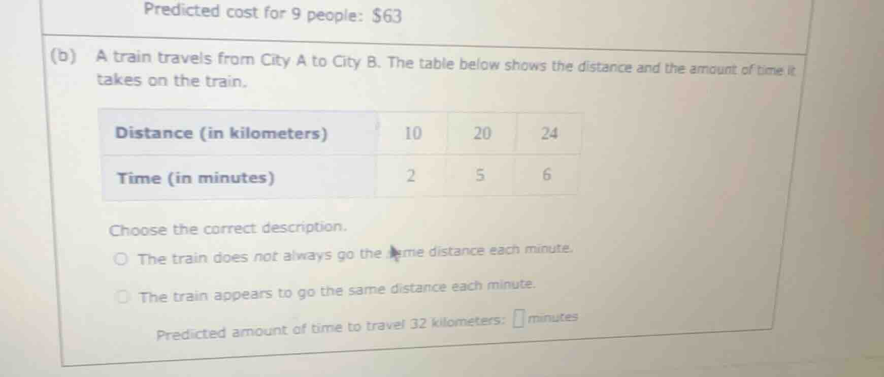 predicted cost for 9 people: $63 (b) a train travels from city a to cit…