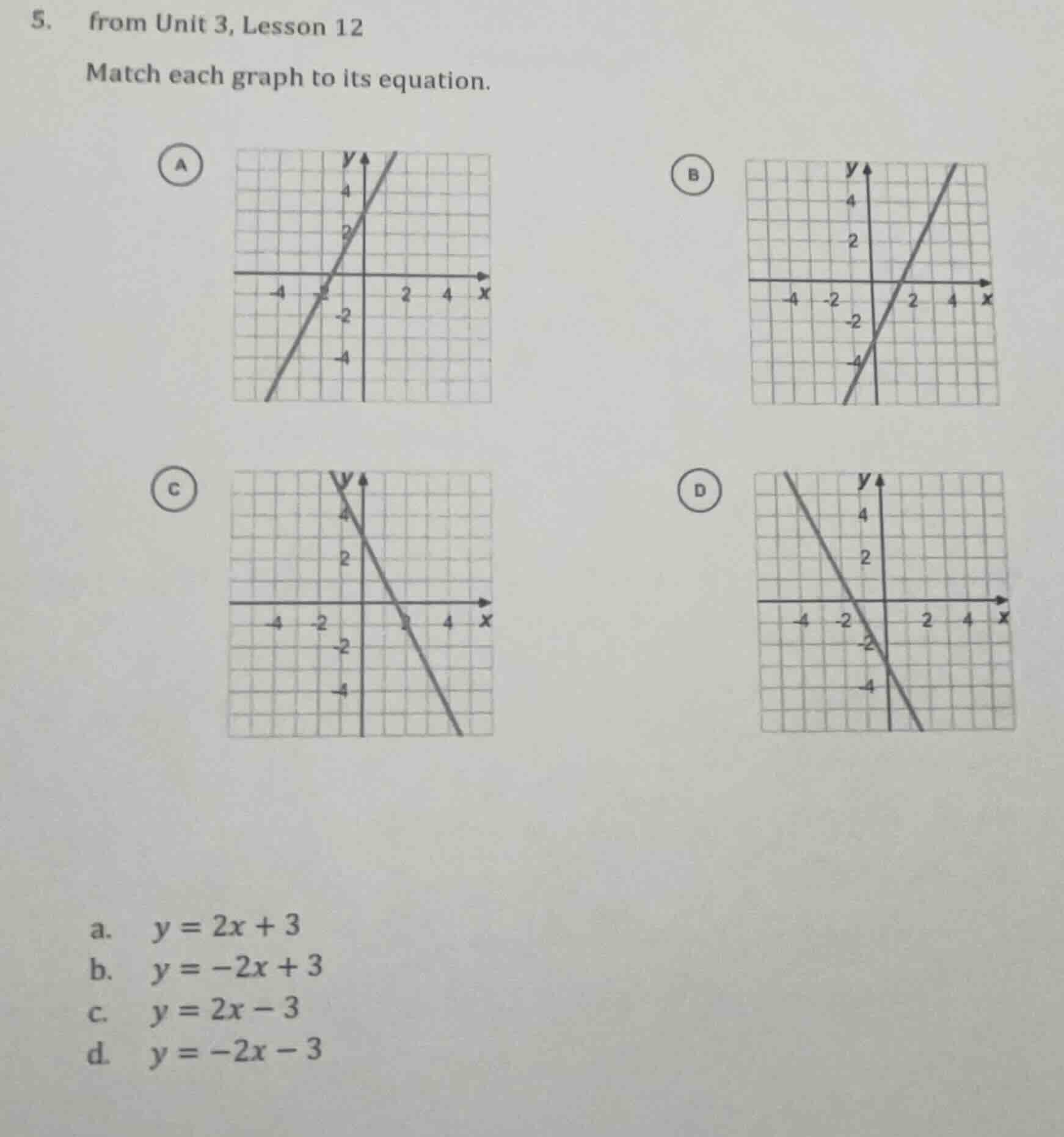 5. from unit 3, lesson 12 match each graph to its equation. a graph a b…