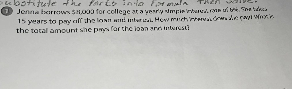 substitute the parts into formula then solve. 1 jenna borrows $8,000 fo…