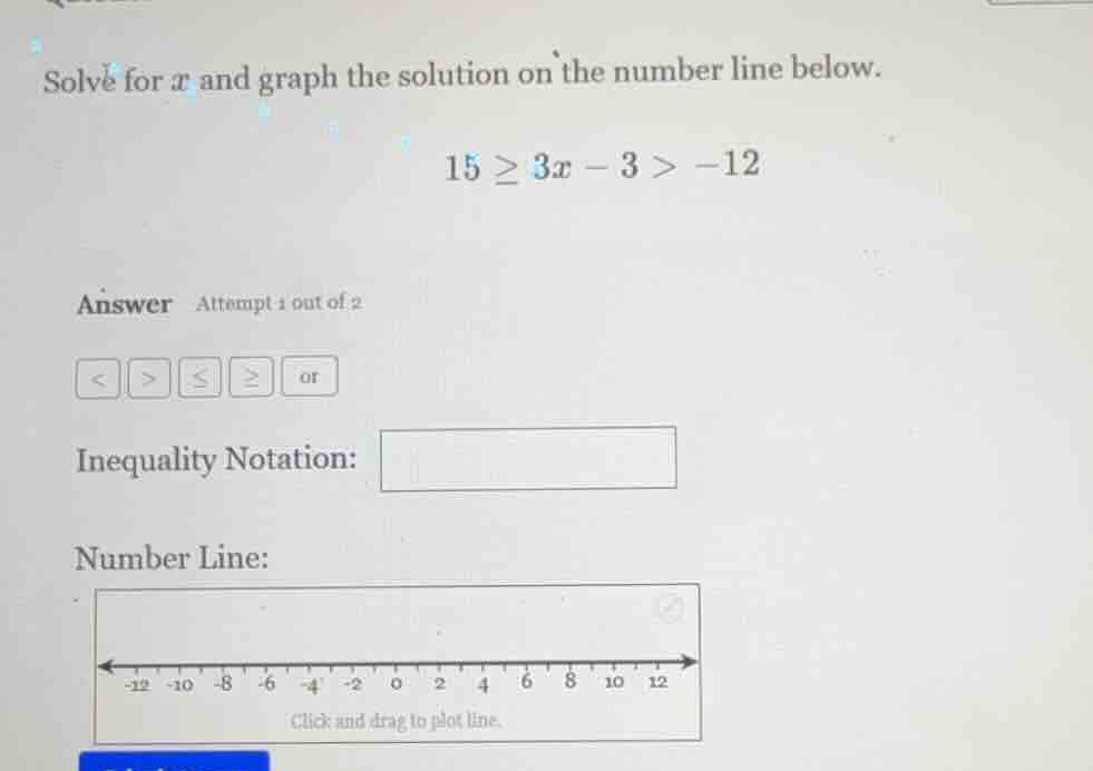 solve for x and graph the solution on the number line below. 15 ≥ 3x - …
