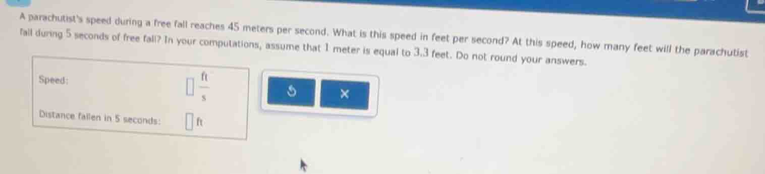a parachutists speed during a free fall reaches 45 meters per second. w…