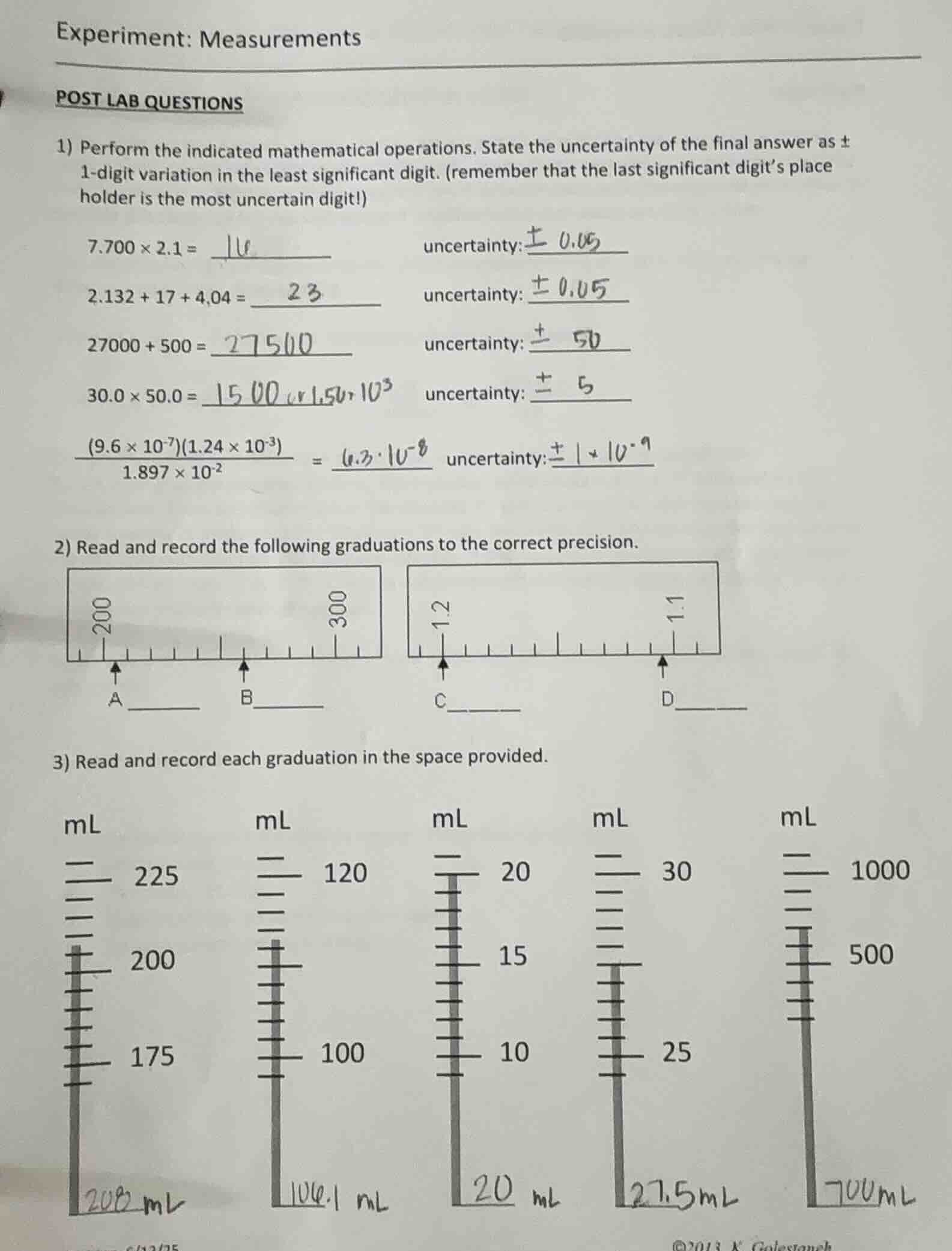 experiment: measurements post lab questions 1) perform the indicated ma…