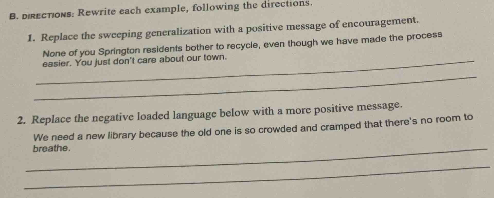 b. directions: rewrite each example, following the directions. 1. repla…