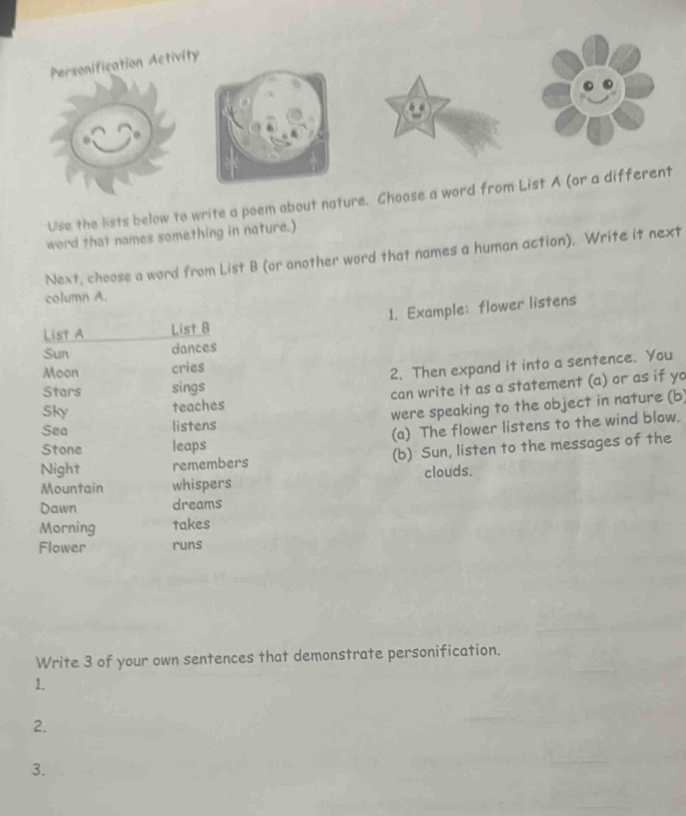 personification activity use the lists below to write a poem about natu…