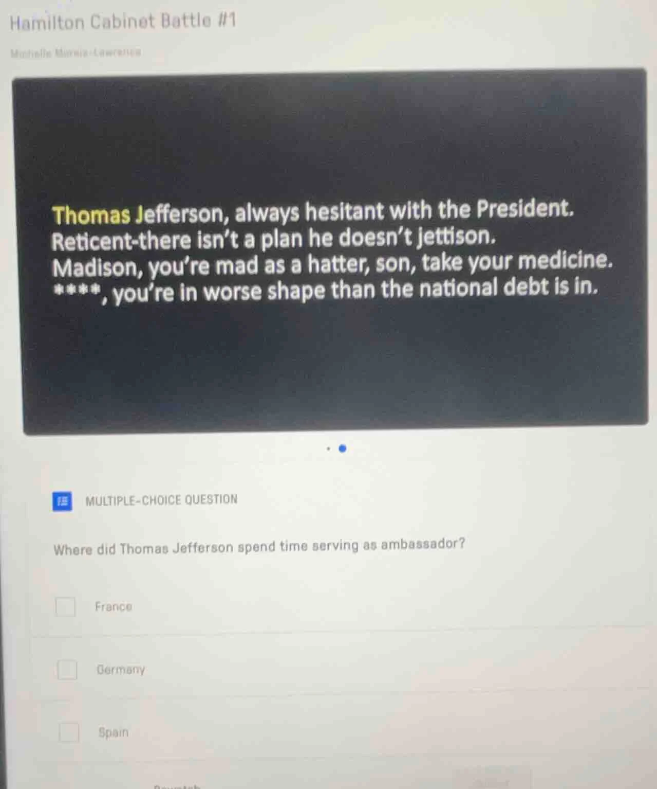 hamilton cabinet battle #1 michelle morria-lawrence thomas jefferson, a…