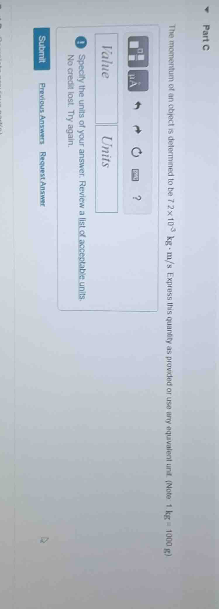 part c the momentum of an object is determined to be 7.2×10⁻³ kg·m/s. e…