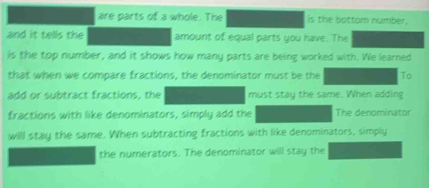 are parts of a whole. the is the bottom number, and it tells the amount…