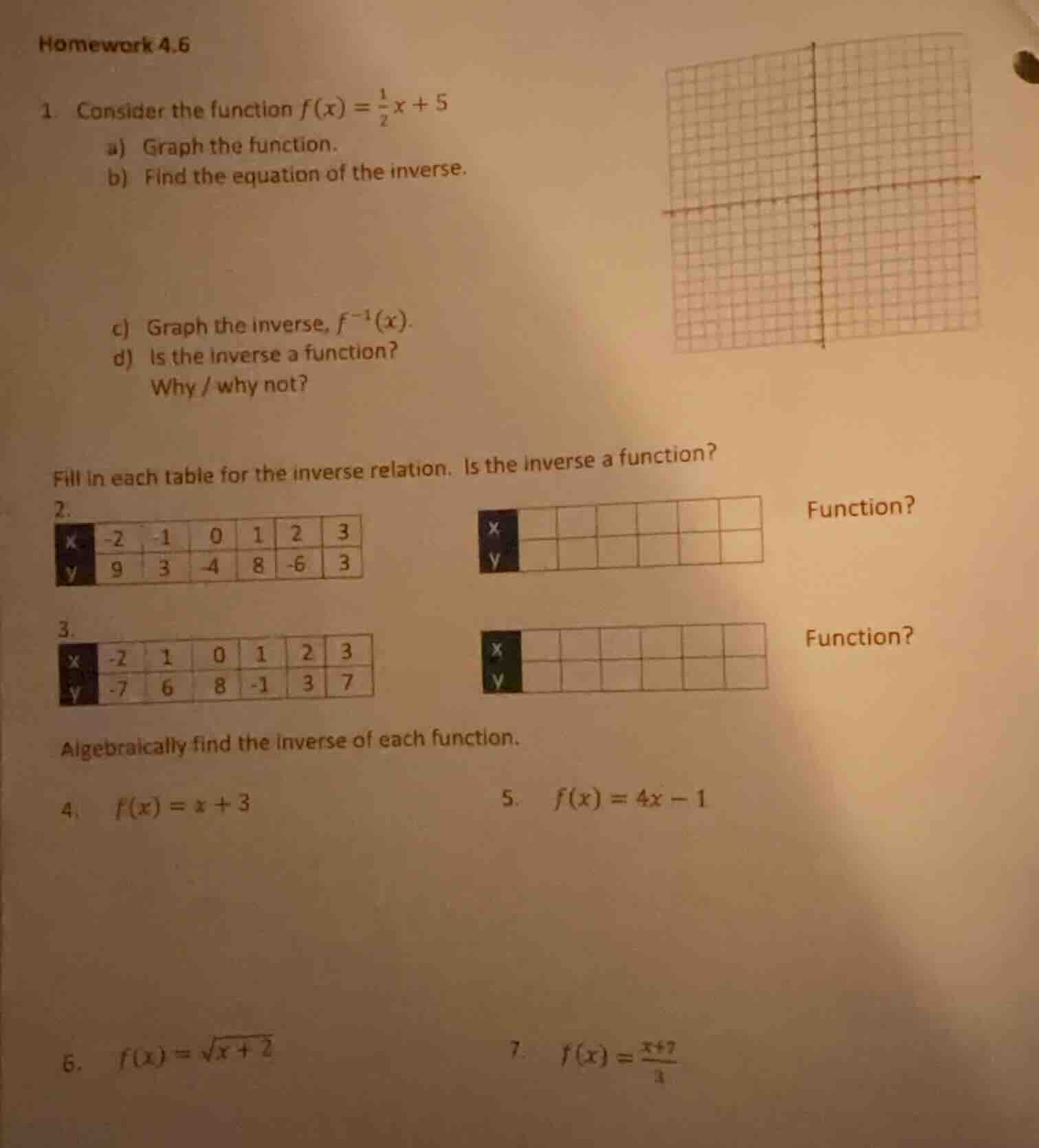 homework 4.6 1. consider the function $f(x) = \\frac{1}{2}x + 5$ a) gra…