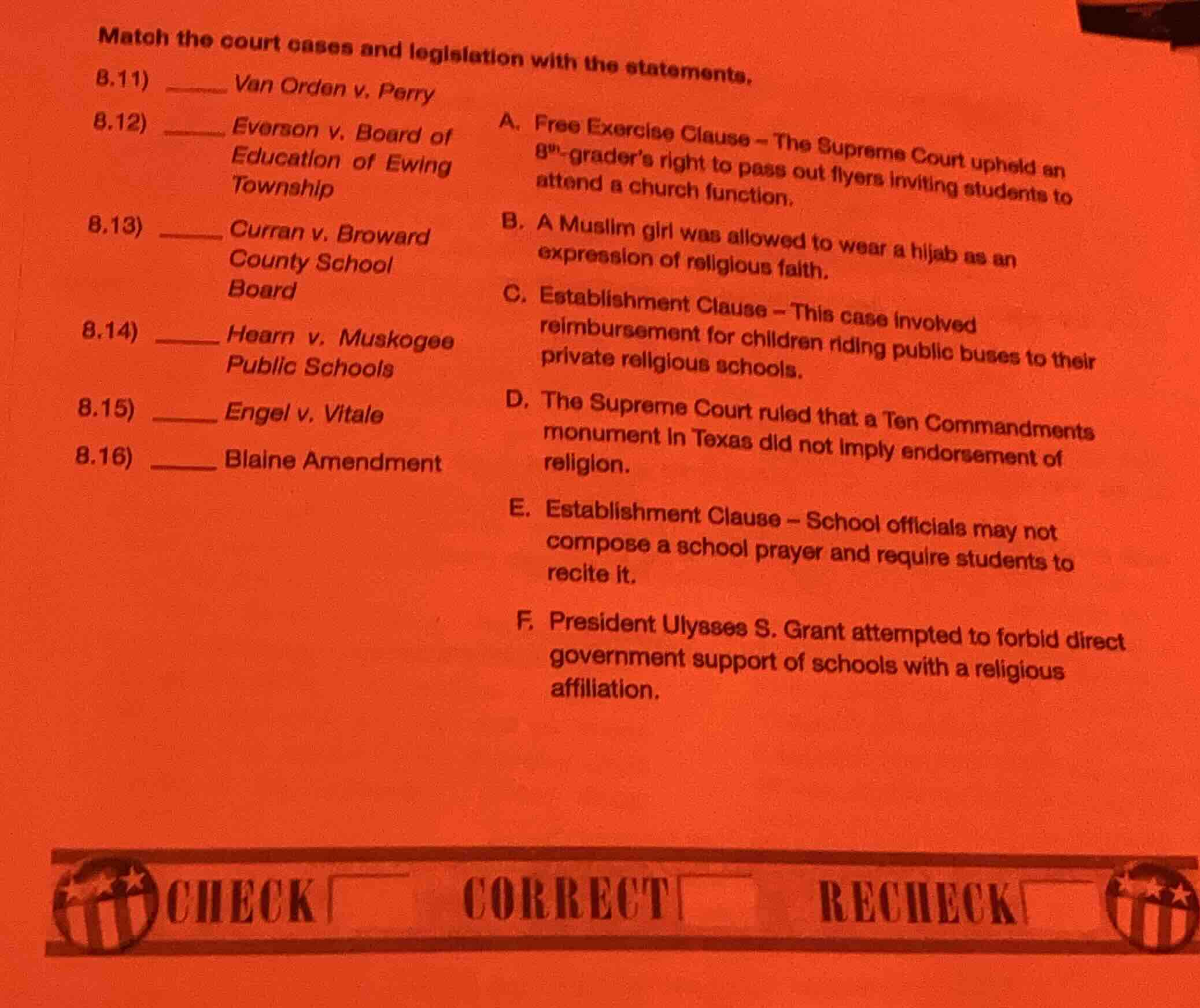 match the court cases and legislation with the statements. 8.11) ______…