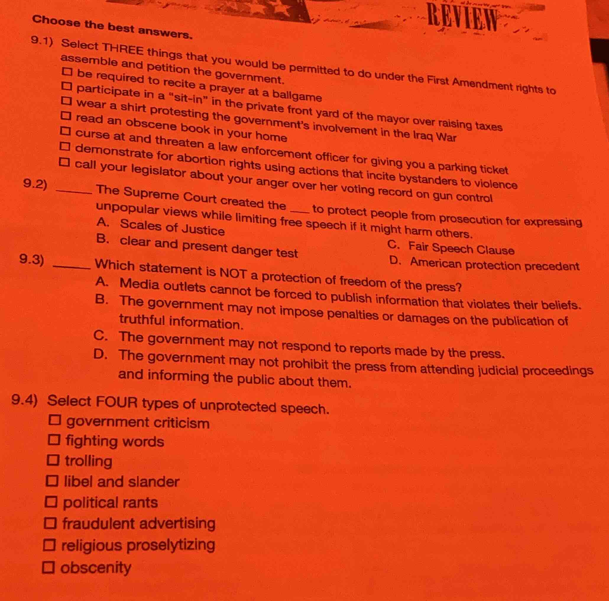 choose the best answers. 9.1) select three things that you would be per…