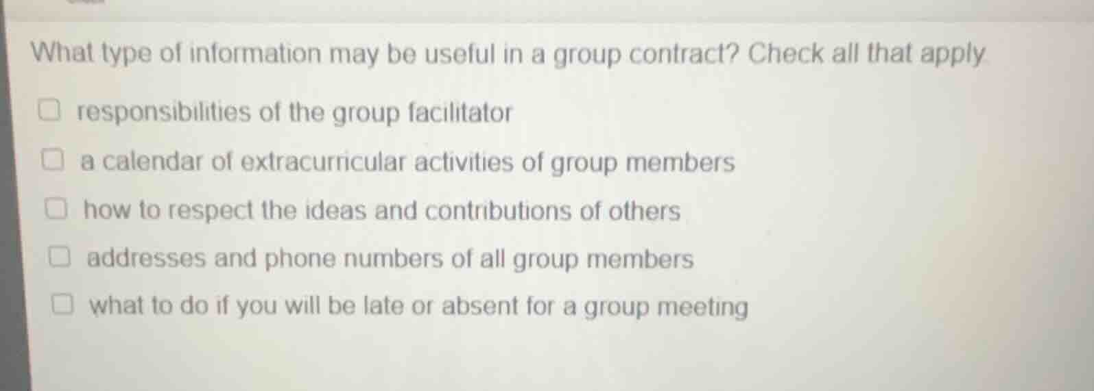 what type of information may be useful in a group contract? check all t…