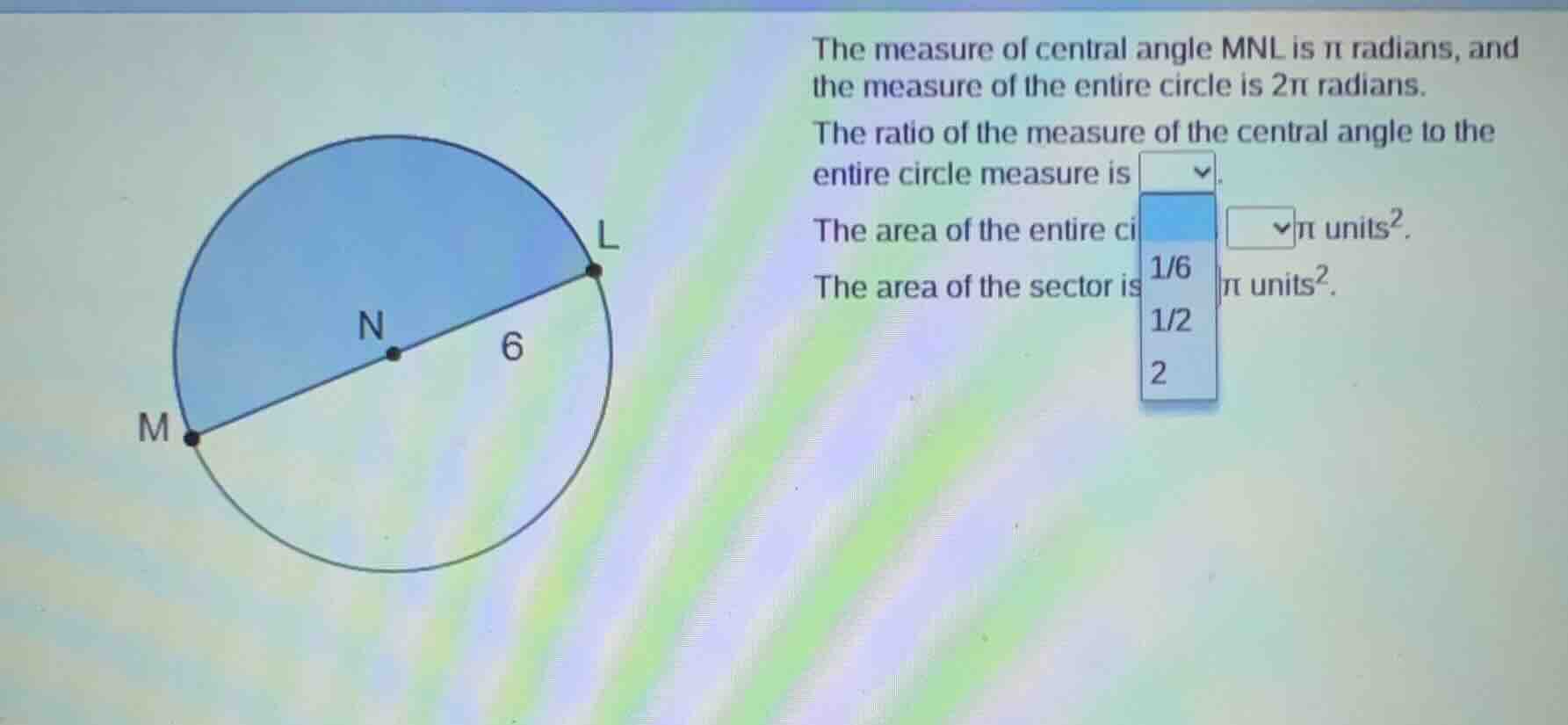 the measure of central angle mnl is π radians, and the measure of the e…
