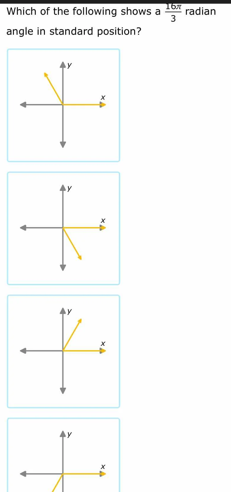 which of the following shows a \\(\\frac{16\\pi}{3}\\) radian angle in …