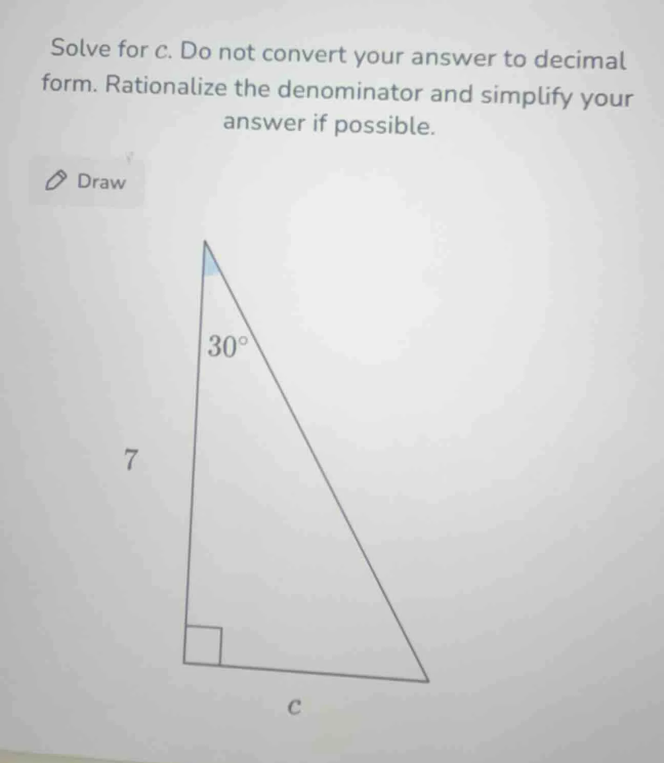 solve for c. do not convert your answer to decimal form. rationalize th…
