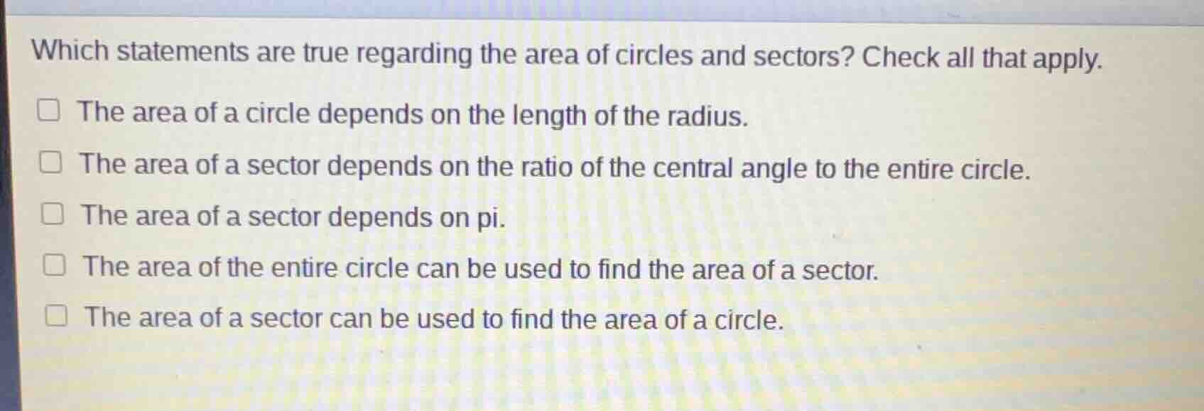 which statements are true regarding the area of circles and sectors? ch…