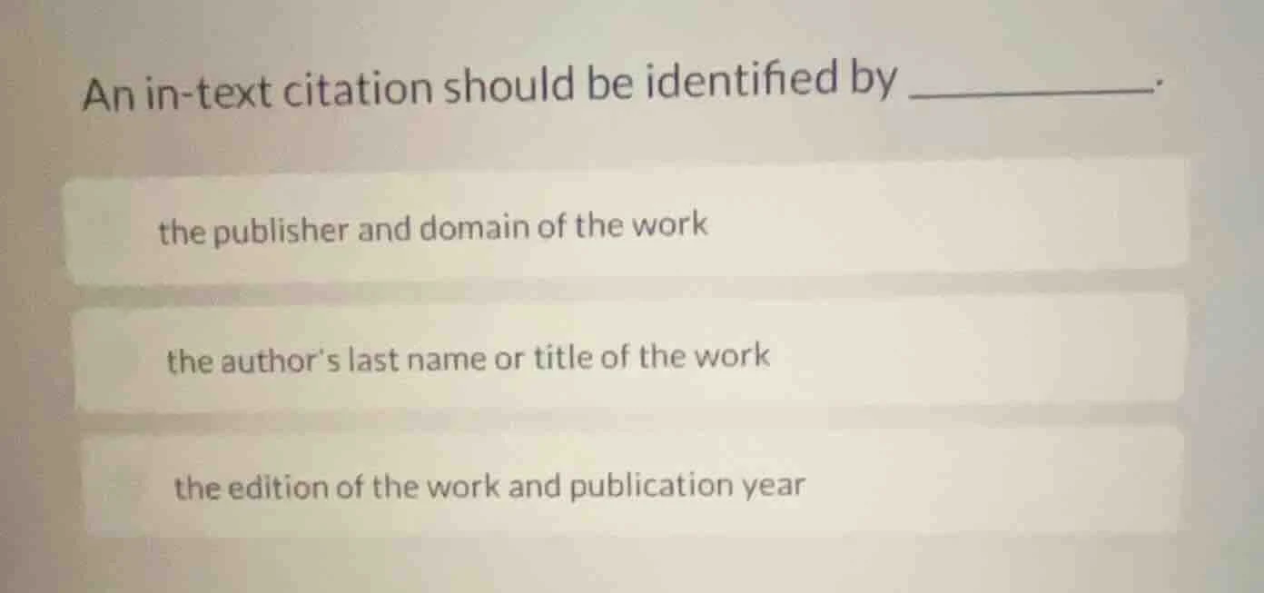 an in-text citation should be identified by ________. the publisher and…