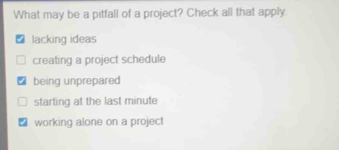 what may be a pitfall of a project? check all that apply. ☑️ lacking id…