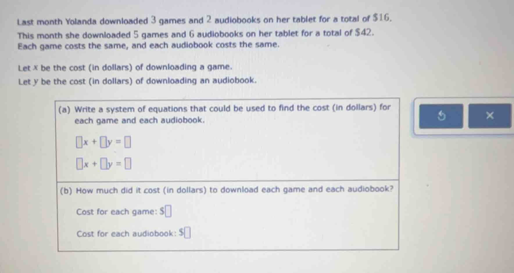 last month yolanda downloaded 3 games and 2 audiobooks on her tablet fo…
