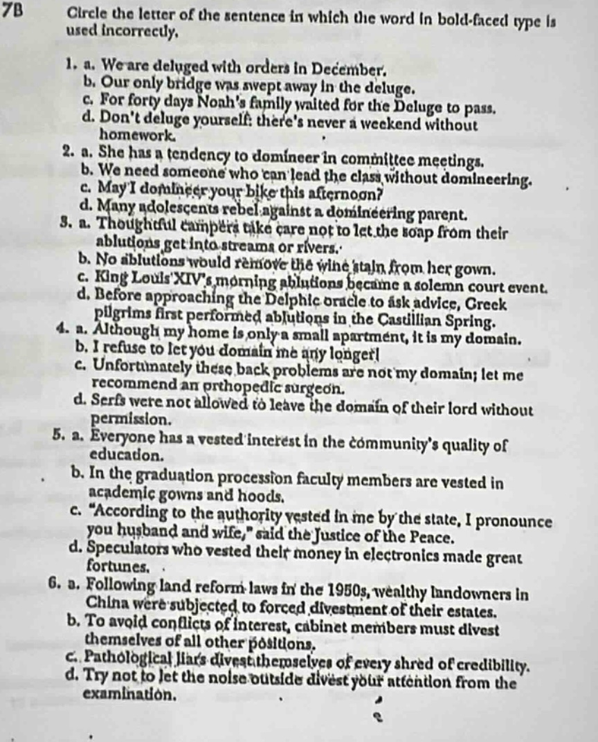 7b circle the letter of the sentence in which the word in bold - faced …