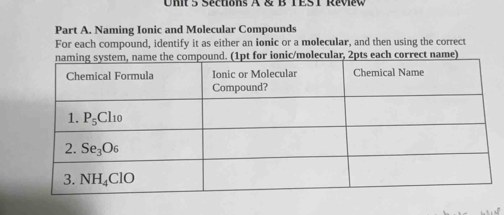 unit 5 sections a & b test review part a. naming ionic and molecular co…