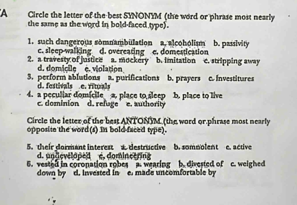 circle the letter of the best synonym (the word or phrase most nearly t…